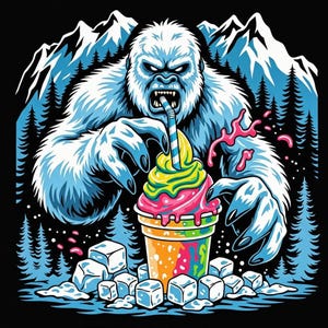 May include: A cartoon illustration of a white yeti enjoying a colorful slushy drink. The yeti is set against a backdrop of snow-capped mountains and pine trees. Ice cubes surround the drink, and the yeti is holding the cup with its large hands.