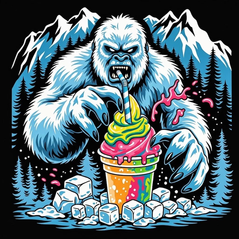 May include: A cartoon illustration of a white yeti enjoying a colorful slushy drink. The yeti is set against a backdrop of snow-capped mountains and pine trees. Ice cubes surround the drink, and the yeti is holding the cup with its large hands.