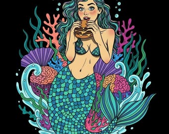 Mermaid Eating Cheeseburger T-Shirt | Monster Munchies Culinary Fun | Front Burner Threads