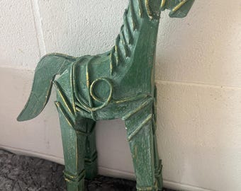 Vintage Indian Wooden Horse Statue | Hand-Carved 1970s Rajasthani Ceremonial Decor