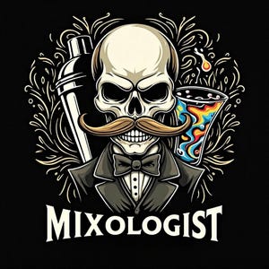 Pode incluir: Ilustração de uma caveira usando um smoking e gravata borboleta, com um grande bigode. Uma coqueteleira e um copo de coquetel colorido estão em ambos os lados da caveira. A palavra "MIXOLOGIST" está impressa na parte inferior.