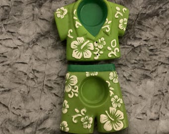 Vintage Hawaiian Shirt & Board Shorts Candle Holders | Hand-Painted Ceramic Tiki Decor
