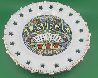 Vintage Las Vegas Plate | 1980s Stained Glass Royal Flush Slots Decor