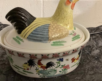 Vintage Rooster Ceramic Tureen | Hand-Painted Farmhouse Casserole Dish, 1970s Cottagecore Soup Bowl