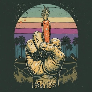 May include: A graphic illustration of a hand giving the middle finger, with a carrot replacing the finger. The background features a sunset with palm trees and a retro color palette. The overall theme is humorous and rebellious.