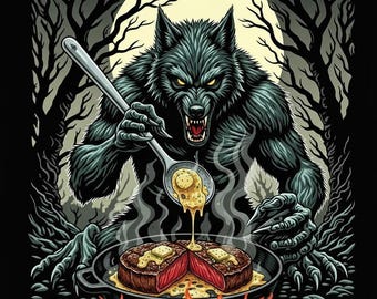 Wolfman Basting Steak T-Shirt | Monster Munchies Culinary Horror Shirt