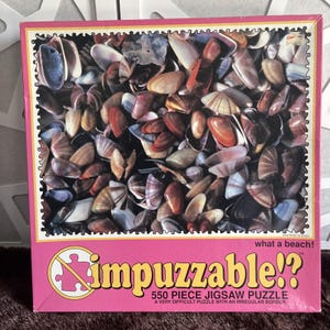 May include: A square jigsaw puzzle box featuring a dense collection of various seashells in shades of brown, tan, white, and grey. The box is pink with the text "impuzzable!?", "what a beach!", and "550 PIECE JIGSAW PUZZLE" printed on the front.