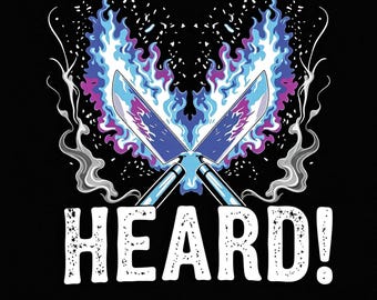 HEARD! Chef T-Shirt: Blue Fire Knives, Rock & Roll Kitchen Tee