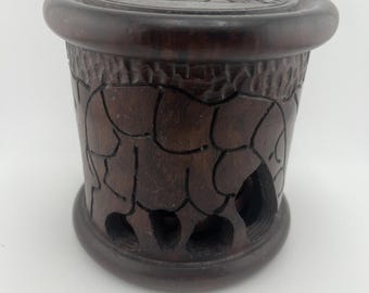 Vintage Rosewood Elephant Coaster Set | Hand-Carved 6-Piece Holder | 1960s Boho Safari Decor