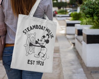 Borsa tote vintage Steamboat Willie, stile cartone animato retrò in bianco e nero, classica arte animata di barche, borsa resistente per tutti i giorni