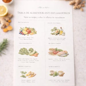 May include: A white paper titled "TABLA DE ALIMENTOS ANTI-INFLAMATORIOS" with illustrations of fruits, vegetables, and other foods. Ingredients like turmeric, ginger, and lemons are arranged around the paper.