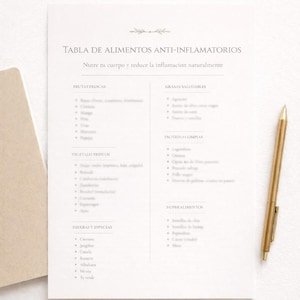May include: A white paper with the title "TABLA DE ALIMENTOS ANTI-INFLAMATORIOS" and a list of foods. A gold pen rests on the right side of the paper. A beige notebook is on the left.