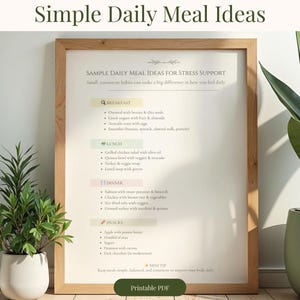 May include: A framed print displaying "Simple Daily Meal Ideas" with meal suggestions for breakfast, lunch, dinner, and snacks. The print is in a wooden frame, with potted plants on either side.