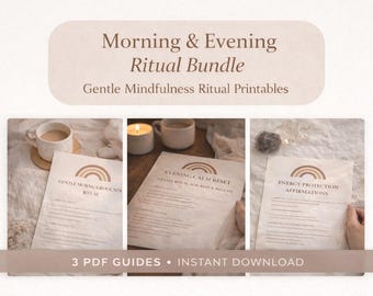 Puede incluir: Un conjunto de guías imprimibles para rituales de mañana y noche. La imagen presenta tres páginas con texto y un diseño de arcoíris, junto con una taza de café, una vela encendida y otros elementos. El texto incluye "Morning & Evening Ritual Bundle".