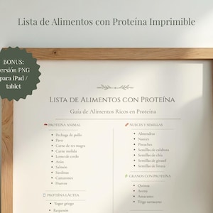 May include: A framed printable guide in Spanish, titled "List of Foods with Protein". It lists protein-rich foods, including animal protein, dairy, nuts, seeds, and grains. A bonus PNG version for iPad/tablet is also included.