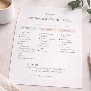 May include: A printed list titled "Cortisol Balancing Foods" with food recommendations, divided into "Enjoy," "Limit," and "Avoid" categories. A white coffee mug and a pencil are also visible. The list includes a mini tip about managing stress.