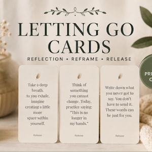 May include: Three off-white rectangular cards with rounded corners featuring dark text and a small feather icon. The cards read: Take a deep breath. As you exhale, imagine creating a little more space within yourself. Think of something you cannot change. Today, practice saying: This is no longer in my hands. Write down what you never got to say. You don't have to send it. These words can be just for you.