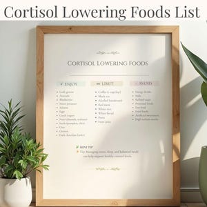 May include: A framed print titled "Cortisol Lowering Foods List" with a wooden frame. The list categorizes foods to enjoy, limit, and avoid. The print is displayed near potted plants, creating a natural and healthy aesthetic.