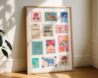 Vintage Travel Stamp Collage Art Print: White Retro Home Decor (Digital Download)