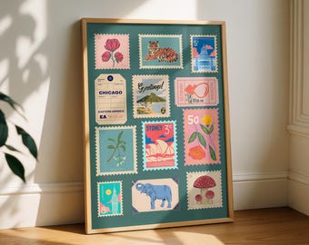 Vintage Travel Stamp Collage Art Print: Retro Home Decor (Digital Download)