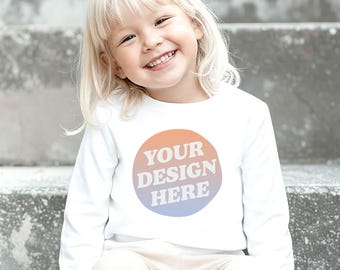 Rabbit Skins 3302 Mockup Toddler Youth Long Sleeve T-shirt in White with Girl model front view