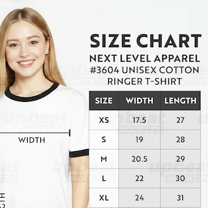 Op de afbeelding: Een wit unisex ringer t-shirt met zwarte afwerking, weergegeven met een maattabel. De tabel toont maten XS tot 3XL, met breedtematen van 44,5 tot 71 cm en lengtes van 68,6 tot 83,8 cm.