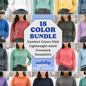 Comfort Colors 1566 Mockup bundle Lightweight Crewneck Sweatshirt, 18 colors, Winter Print on Demand, diverse female models + size chart