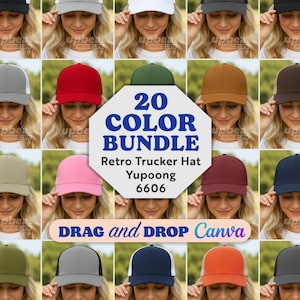 Yupoong 6606 Snapback Trucker Cap Mockup Bundle: Female model, (JPG Files) 20 colors