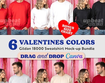 Valentine's Day Gildan 18000 Sweatshirt Mockup Bundle | G18000 Mock | Couple Love Crewneck | POD 6 images plus size chart
