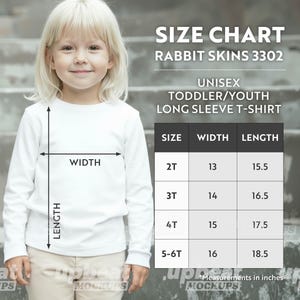 Rabbit Skins 3302 Size Chart Toddler kids Youth Long Sleeve T-shirt Unisex sizing information