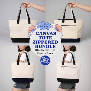 Puede incluir: Un lote de bolsas de lona en colores negro y natural. Las bolsas tienen asas negras y un panel inferior negro. Algunas bolsas tienen un bolsillo con cremallera. El texto de la imagen dice "CANVAS TOTE ZIPPERED BUNDLE".