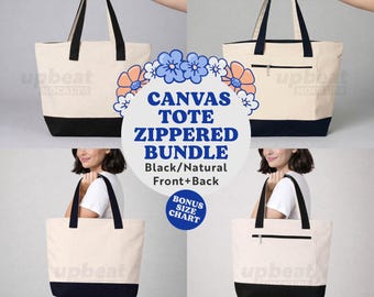 Zippered Canvas Tote Mockup Bundle, Q-Tees 1300 Black and Natural color bag, multi view, Print on Demand, JPG, Digital Download