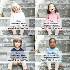 Bundle Mockup Rabbit Skins 3302 Toddler Youth Long Sleeve T-shirt Diverse Models Front View, 8 color options and size chart image 11