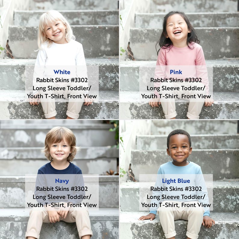 Bundle Mockup Rabbit Skins 3302 Toddler Youth Long Sleeve T-shirt Diverse Models Front View, 8 color options and size chart image 11