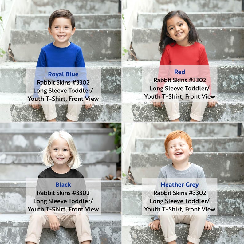 Bundle Mockup Rabbit Skins 3302 Toddler Youth Long Sleeve T-shirt Diverse Models Front View, 8 color options and size chart image 12