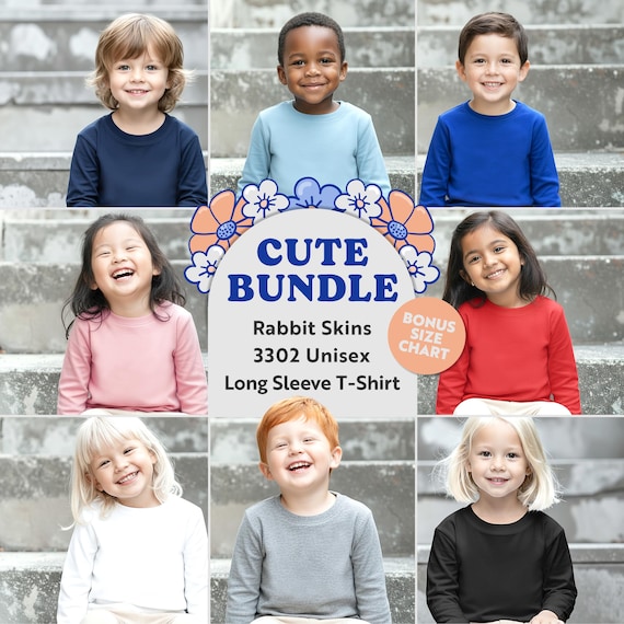 Bundle Mockup Rabbit Skins 3302 Toddler Youth Long Sleeve T-shirt Diverse Models Front View, 8 colour options and size chart