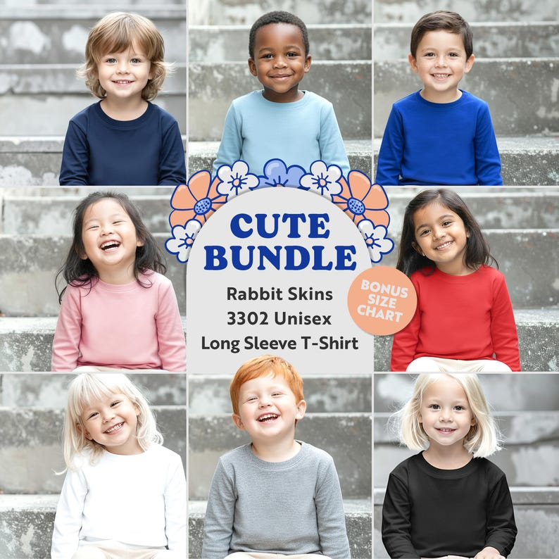 Cute toddler models wearing Rabbit Skins 3302 long sleeve tees in 8 colors: navy, light blue, royal blue, red, pink, white, heather grey & black. Outdoor lifestyle mockup bundle with diverse, multicultural children on concrete stairs. High-quality youth apparel mockups for designers, print-on-demand shops & Etsy sellers. Includes size chart. Perfect for showcasing toddler shirt designs in a natural setting.