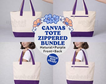 Zippered Canvas Tote Mockup Bundle, Q-Tees 1300 Purple and Natural color bag, multi view, Print on Demand, JPG, Digital Download