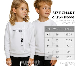 Gildan 18000B Youth Size Chart Mockup: Kids Unisex Crewneck Sweatshirt Sizing Guide (JPG File)