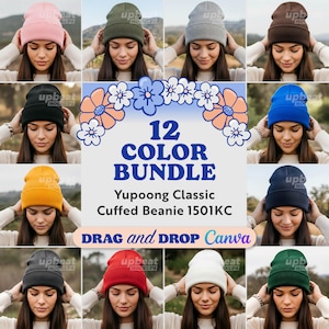 Puede incluir: Una colección de doce gorros Yupoong Classic Cuffed en varios colores, incluyendo rosa, verde, gris, marrón, negro, azul, amarillo, azul marino, gris oscuro, rojo, blanco y verde oscuro. La imagen incluye el texto "12 COLOR BUNDLE".