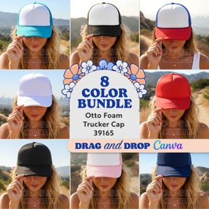 Puede incluir: Una colección de ocho gorras de camionero Otto Foam en varios colores, incluyendo azul, negro, rojo, blanco, rosa y azul marino. Las gorras tienen una parte trasera de malla y una parte delantera de espuma. El texto "8 COLOR BUNDLE" y "DRAG and DROP Canva" está incluido.