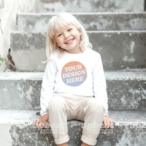 Bundle Mockup Rabbit Skins 3302 Toddler Youth Long Sleeve T-shirt Diverse Models Front View, 8 color options and size chart image 5