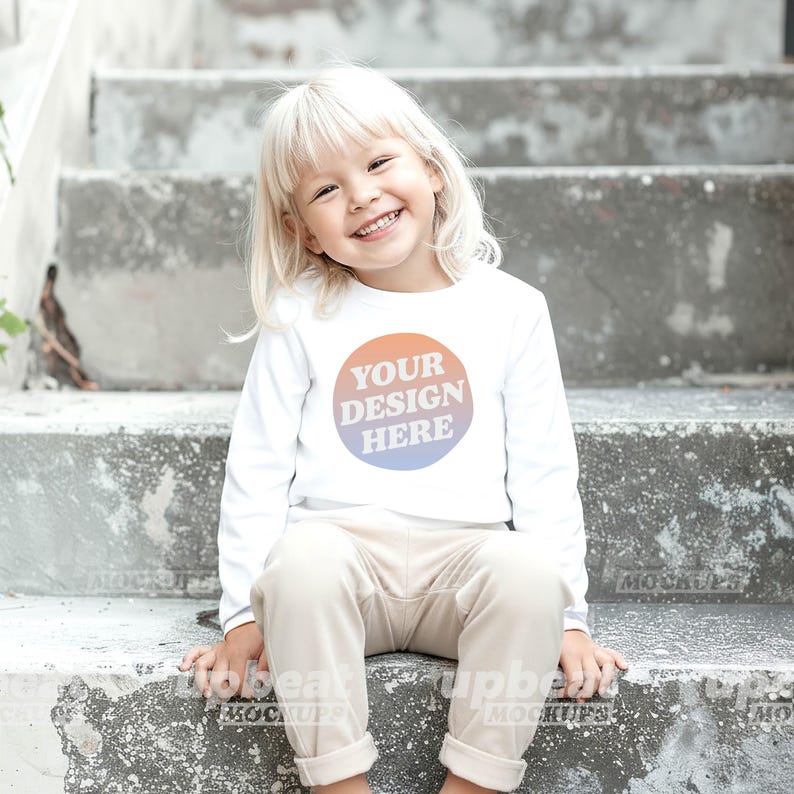 Bundle Mockup Rabbit Skins 3302 Toddler Youth Long Sleeve T-shirt Diverse Models Front View, 8 color options and size chart image 5