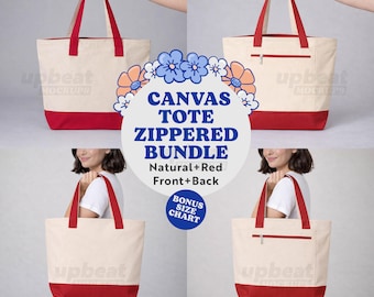 Zippered Canvas Tote Mockup Bundle, Q-Tees 1300 Red and Natural color bag, multi view, Print on Demand, JPG, Digital Download