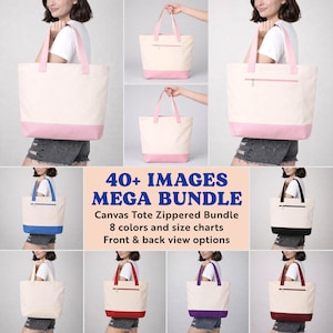 May include: A collection of canvas tote bags in various colors, including pink, blue, red, and black. The bags have a zippered closure and a contrasting color base. The text "40+ IMAGES MEGA BUNDLE" is visible.