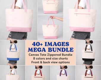 Zippered Canvas Tote Bundle Mockups Q-Tees Q1300, 40+ images, 8 colors, sizing charts, multi view, Print on Demand, JPG