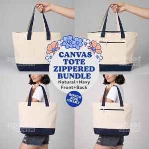 Puede incluir: Un conjunto de bolsas de lona en color natural y azul marino. Las bolsas tienen asas azul marino y un panel inferior azul marino. Una bolsa tiene un bolsillo con cremallera. El texto de la imagen dice "CANVAS TOTE ZIPPERED BUNDLE Natural+Navy Front+Back".