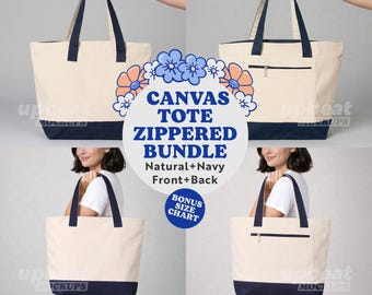 Zippered Canvas Tote Mockup Bundle, Q-Tees 1300 Navy and Natural color bag, multi view, Print on Demand, JPG, Digital Download