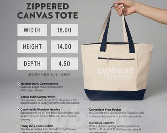 Zippered Canvas Tote Bag Sizing Information Chart, Q-Tees 1300 Product Features, Print on Demand, JPG, Digital Download