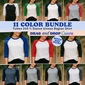 Puede incluir: Once camisetas raglán unisex en varias combinaciones de colores. Las camisetas tienen mangas tres cuartos y se muestran en un modelo. El texto en la imagen dice "11 COLOR BUNDLE" y "DRAG and DROP Canva".